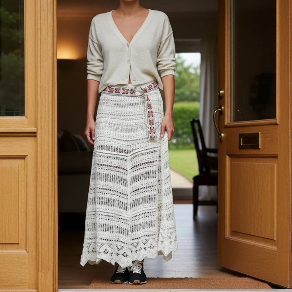 POL Openwork Boho Crochet Knit Scallop Maxi Skirt Butterfly Embroidered Belt - Picture 13 of 16
